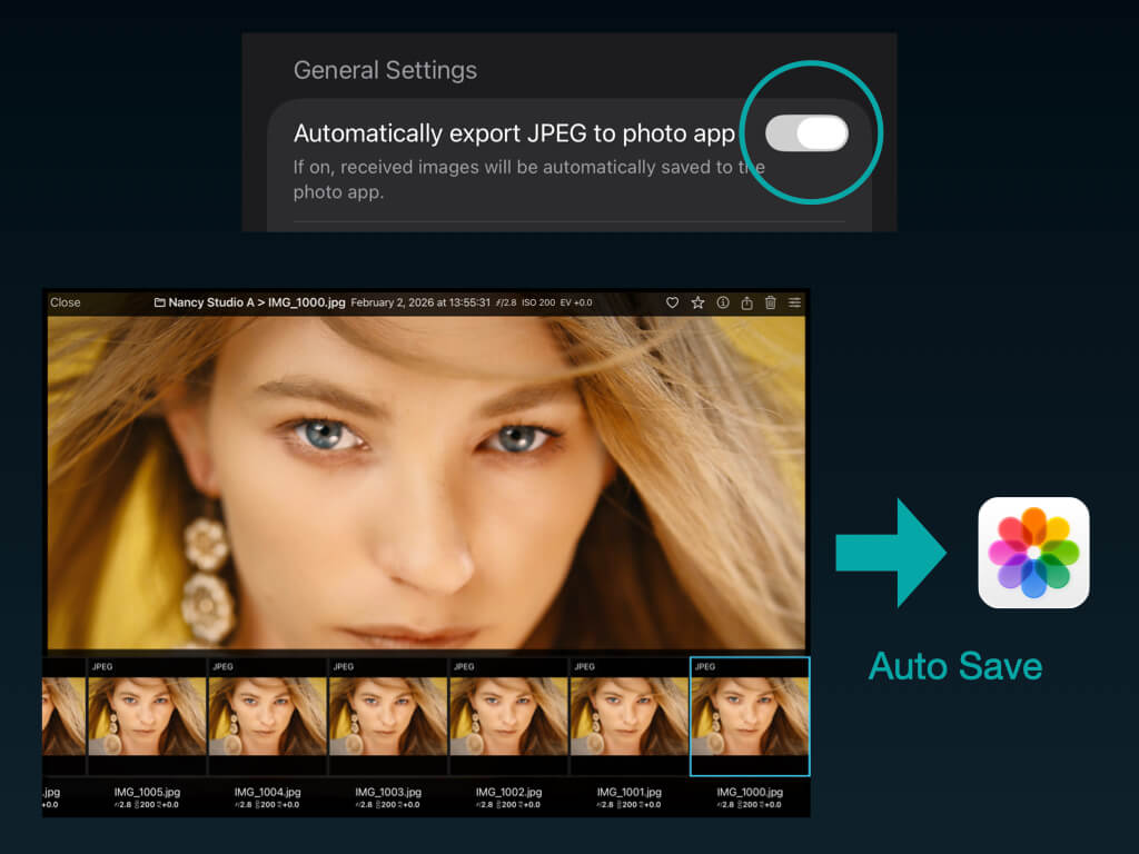 写真アプリへ自動保存画面